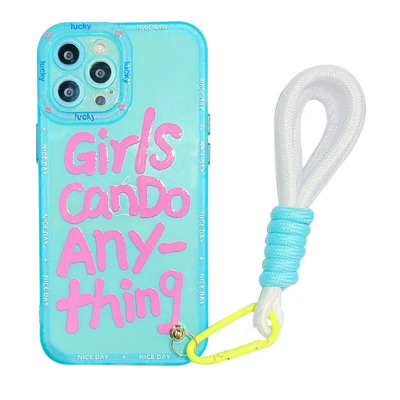 Mint green graffiti TPU phone case with lanyard showing blue-haired girl eating bread design for Apple iPhone