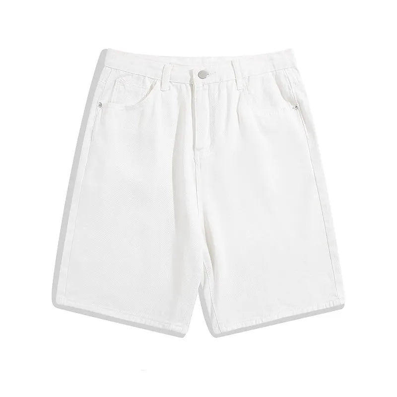 Men's light blue denim shorts with a five-pocket design and straight-leg cut on a mid-waist fit.