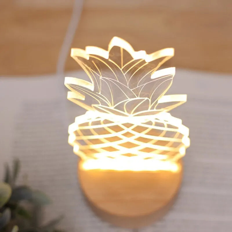 Cartoon pineapple design night light with wood and acrylic construction on bedside table