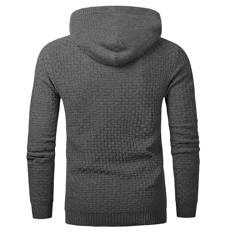 Men's black cotton polyester blend hooded sweater laid flat, showing the front design and hood.