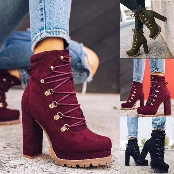 Women's army green suede ankle boots with a thick high heel and round toe.