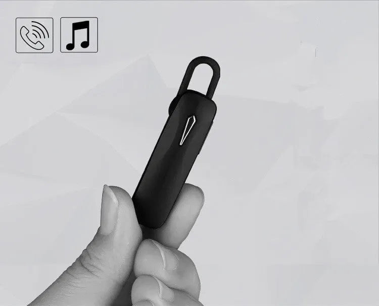 M163 black and white Bluetooth car headset with control buttons for calls and music.
