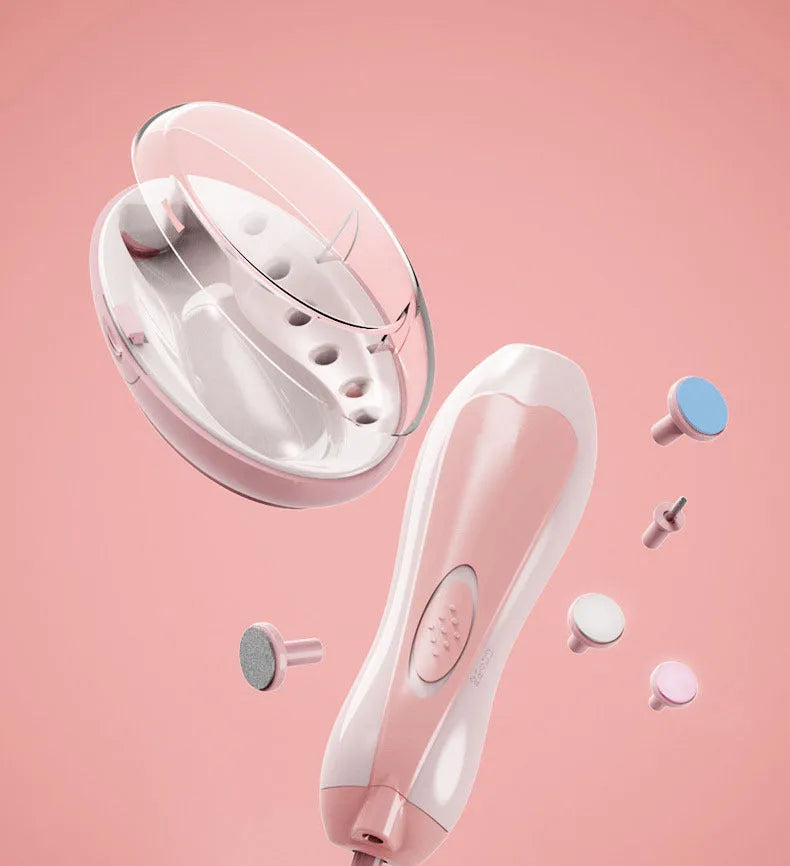 Ultra-quiet electric baby nail polisher in pink, showing compact design with button.