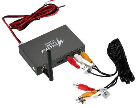 Black car mirror link Wi-Fi box with power cable, AV cable, antenna, and user manual for screen mirroring.