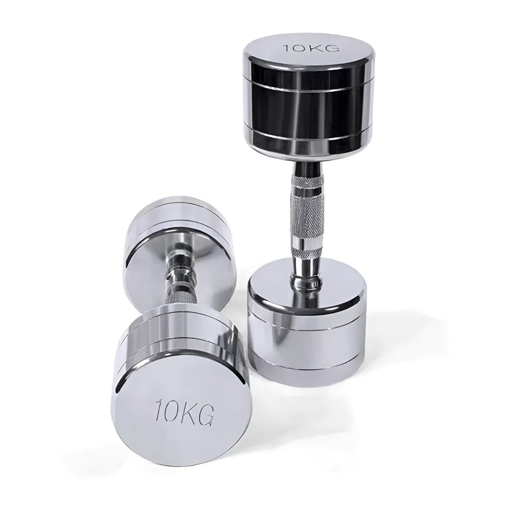 Silver pure steel dumbbell with ergonomic handle on a plain background