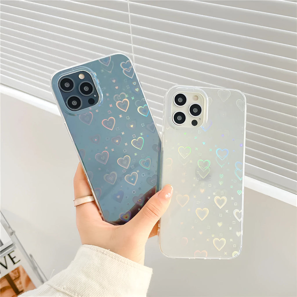 Transparent silicone iPhone case with laser colourful love design showing through to phone beneath