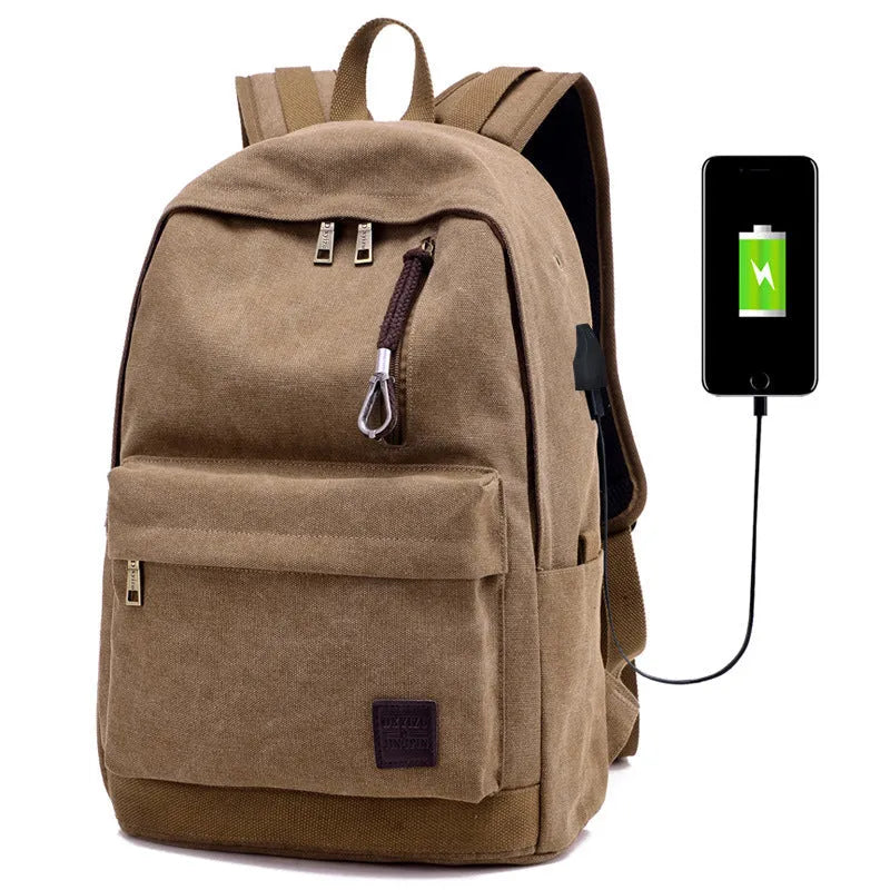 Canvas USB rechargeable backpack in coffee colour showing laptop pocket and zipper compartment