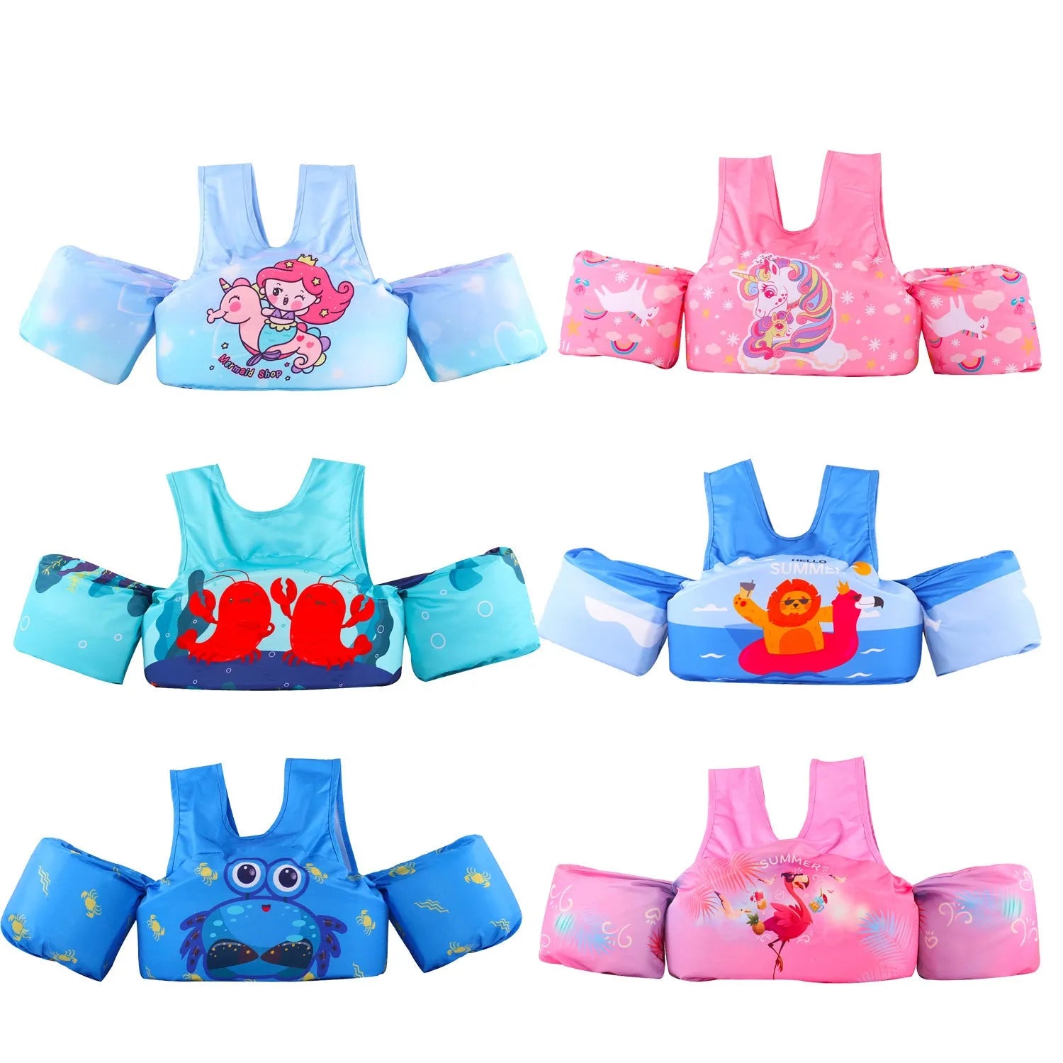 Cartoon children's swimsuit with lengthened arm swimming rings in various colourful patterns