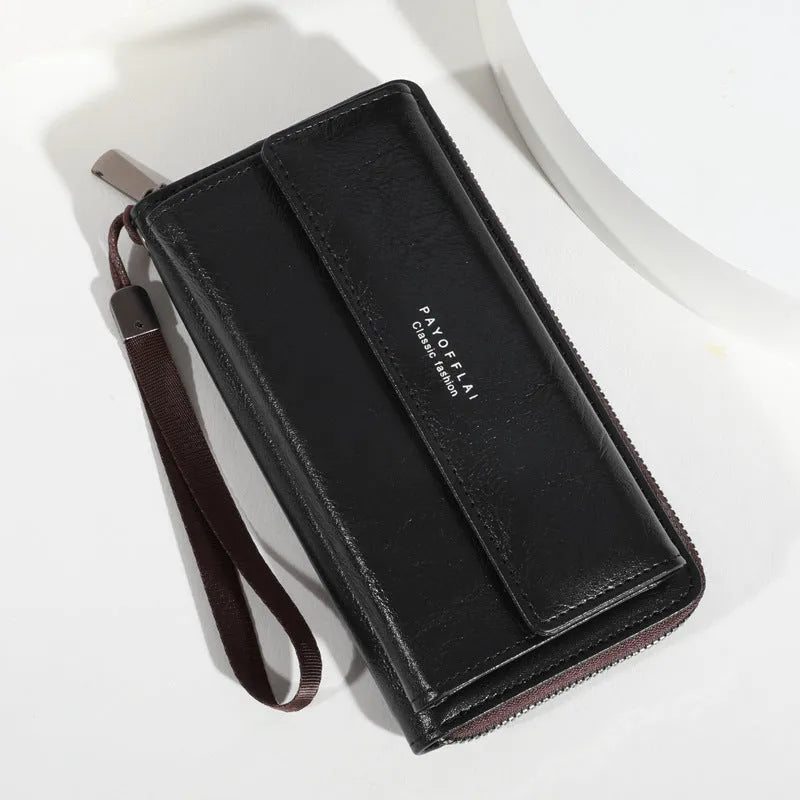 Men's black PU leather long wallet with multiple card slots showing its slim profile.