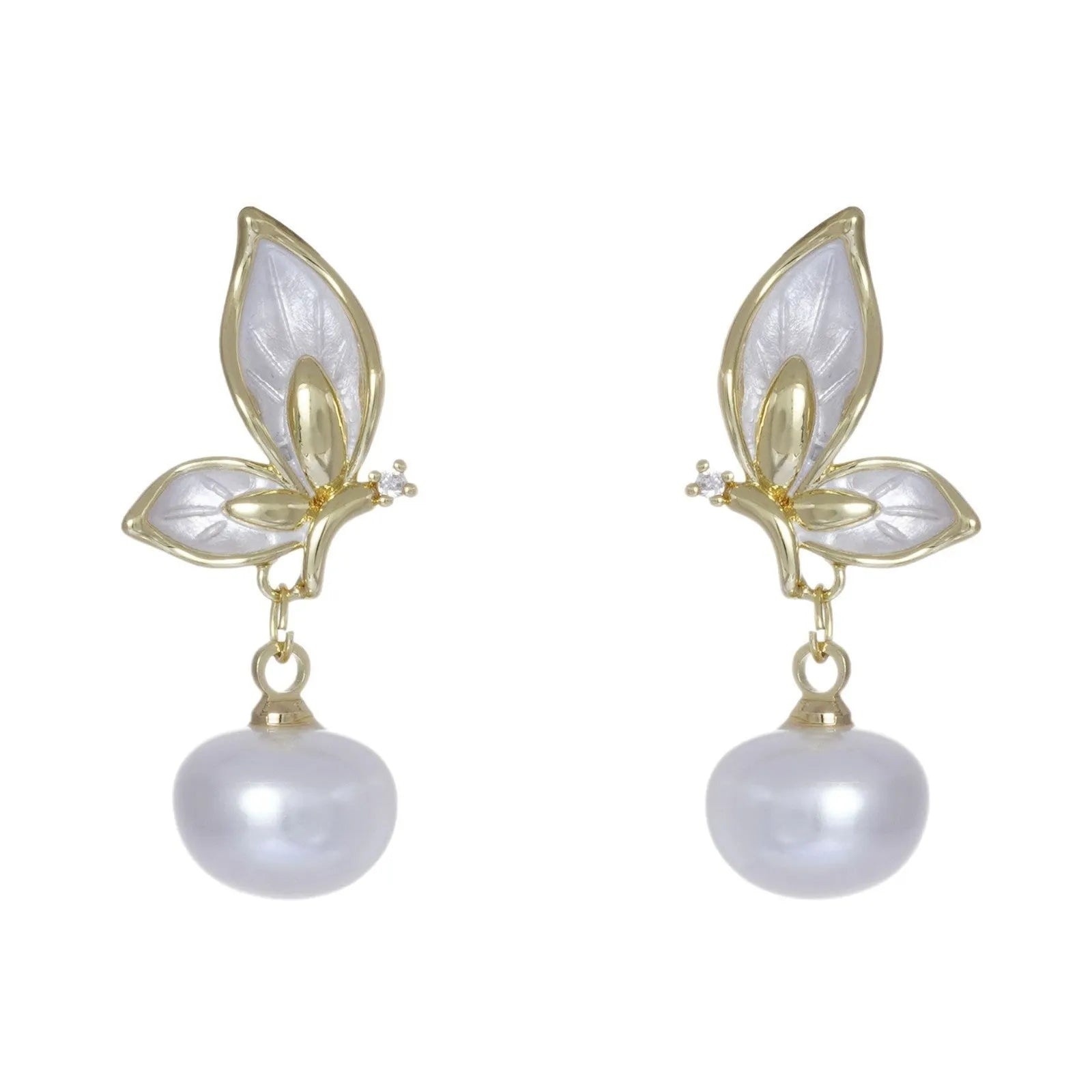Gold-coloured butterfly earrings with zircon painting detail on copper metal for women