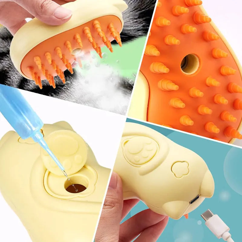 3-in-1 steam grooming brush for pet hair removal on cats and dogs