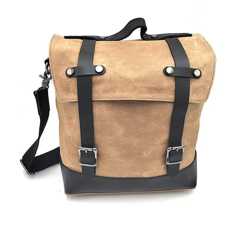 Thick waterproof canvas motorcycle side bag with cowhide top layer in black
