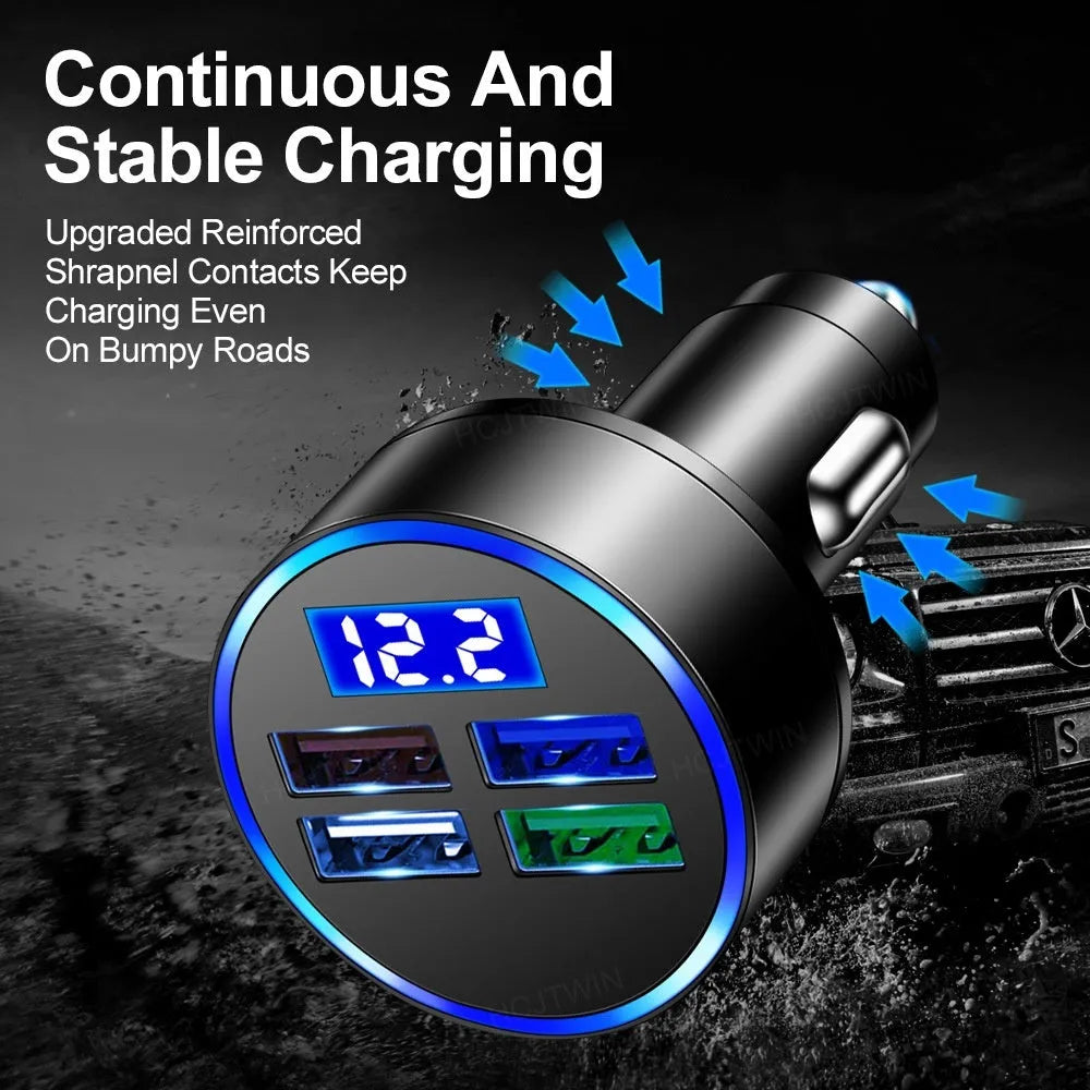 One-to-four multi-port car charger in black with four ports and cigarette lighter plug