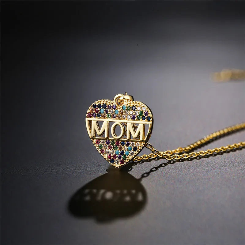 Copper peach heart MOM pendant necklace with micro inlay, gold colour, adjustable chain 21-50cm