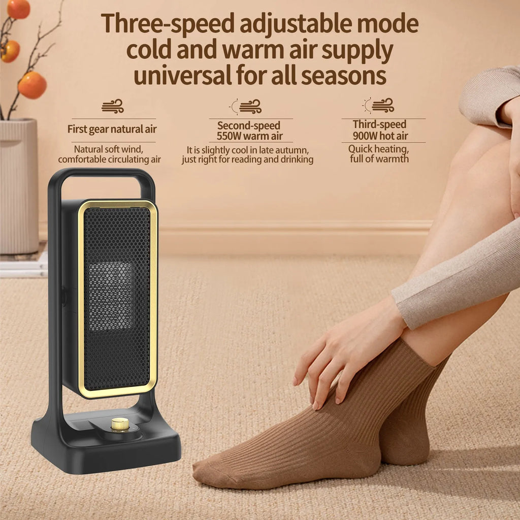 Black desktop PTC ceramic fan heater with control knob, shown on a table.