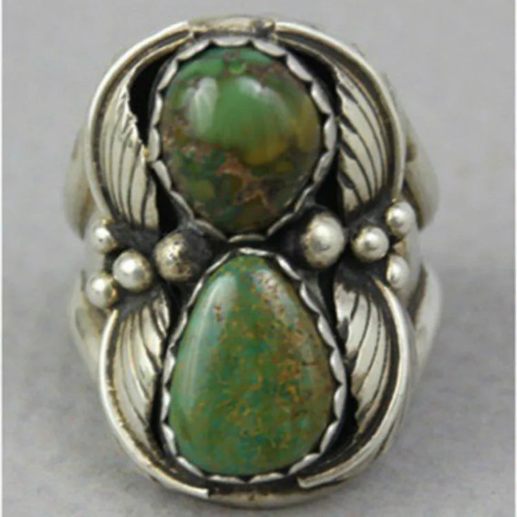 Women's geometric turquoise ring with inlaid design on metallic electroplated alloy band