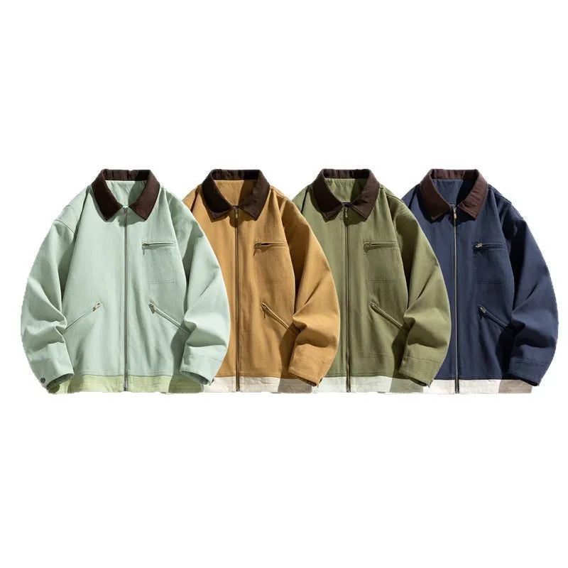 Men's loose fit retro workwear jacket with contrast colour lapels and side seam pockets