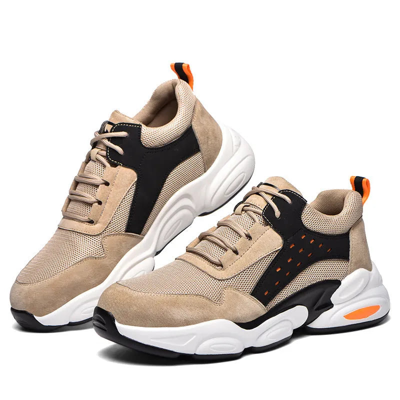 Mesh breathable labour insurance work shoes with anti-smash anti-puncture protection in black, grey, or beige.