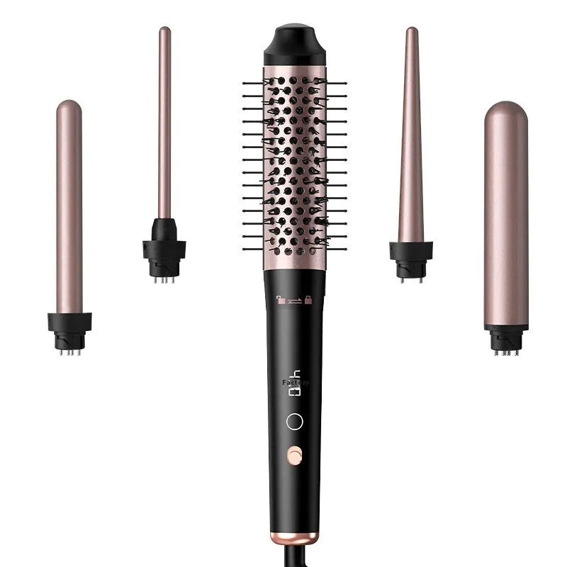 Automatic hair curler in rose gold colour with three headbands on white background