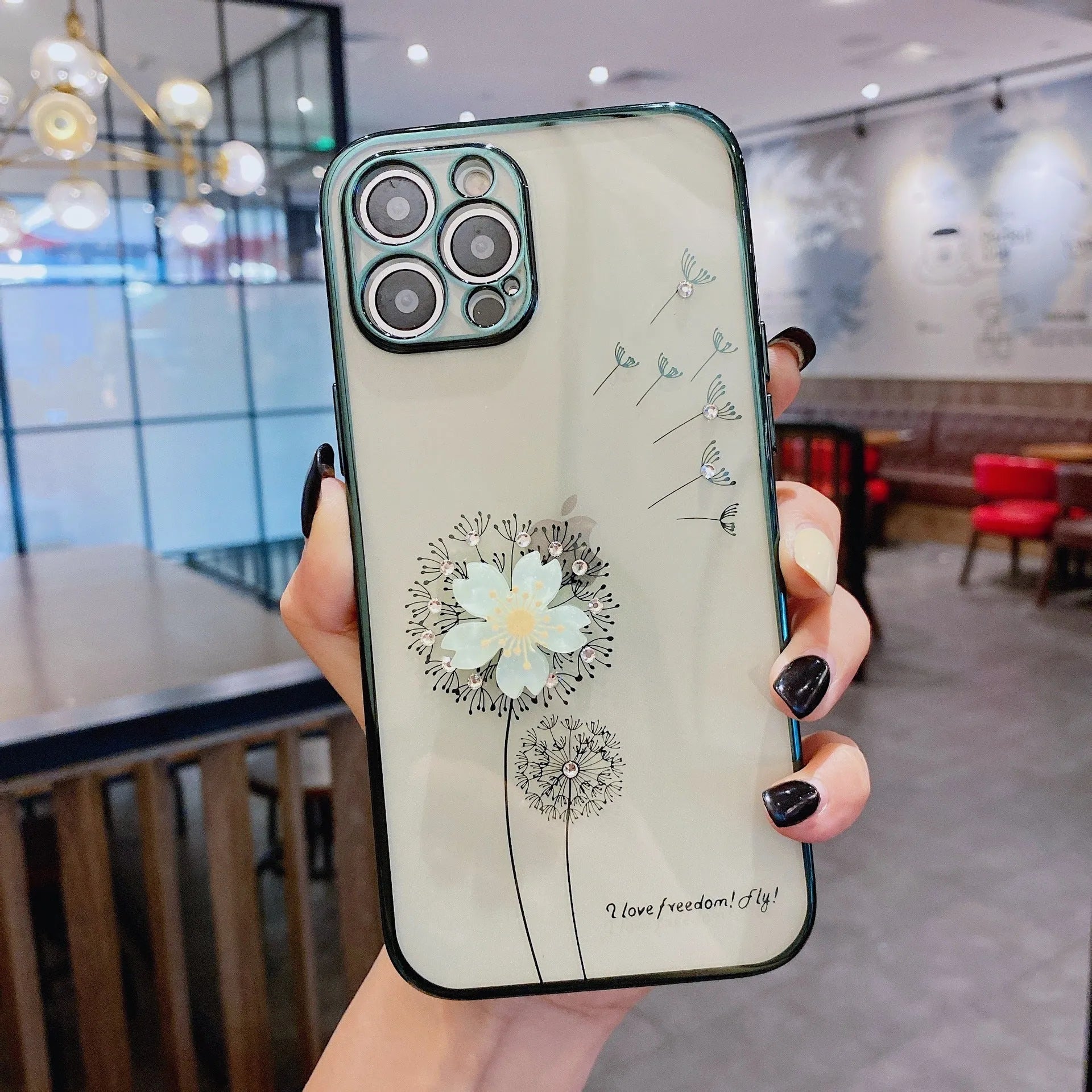 Green 3D floral pattern iPhone case with a built-in screen protector and a spin stand on the back.