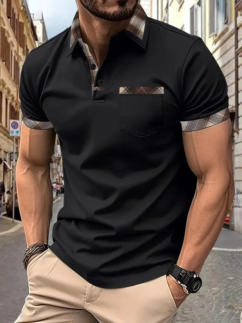 Men's plaid colourblock T-shirt with zip decorations in loose fit style