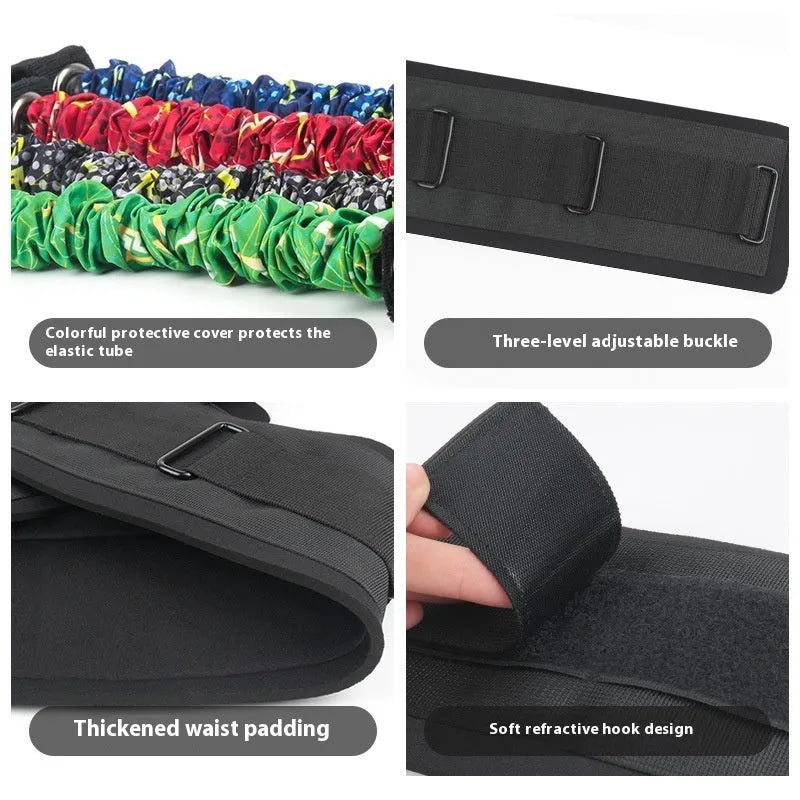 Fitness Bounce chest expander elastic belt with red, blue, black, and green resistance sleeves.