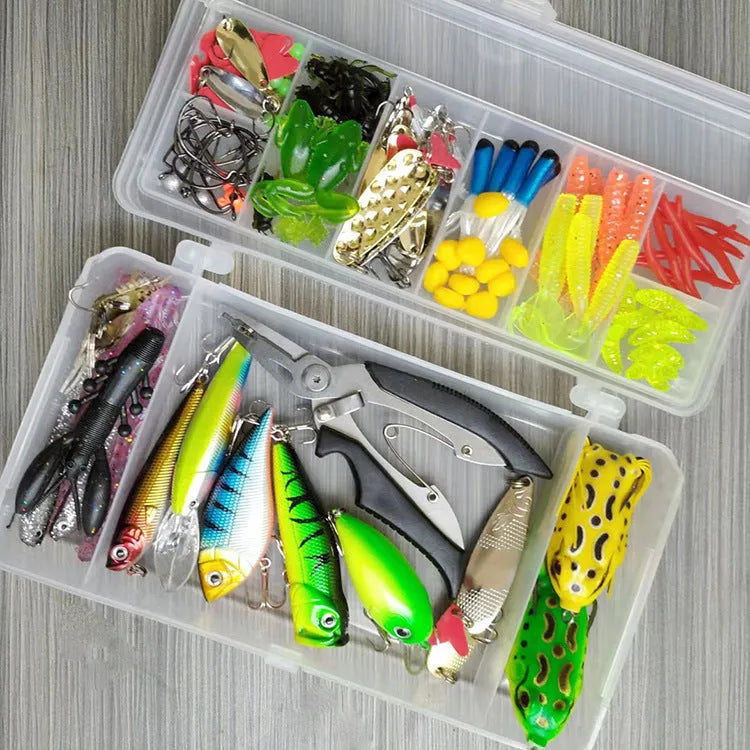 142-piece fishing lure suit set with metal fishing pliers, hard mino lures, and sequin baits on a tackle box.