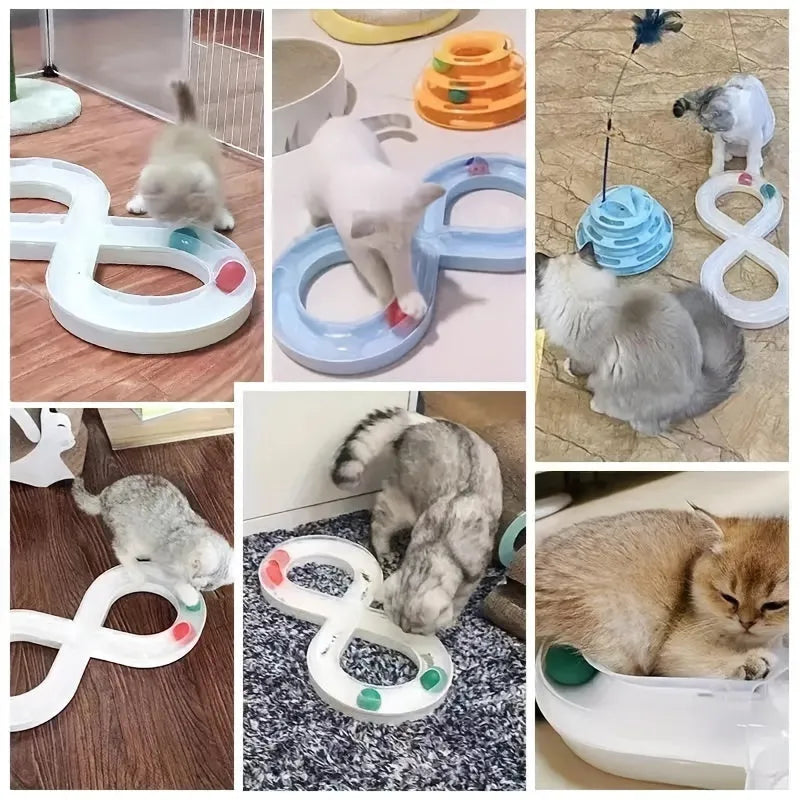 Blue and white cat toy set with a turntable track ball and a teasing stick on a floor.
