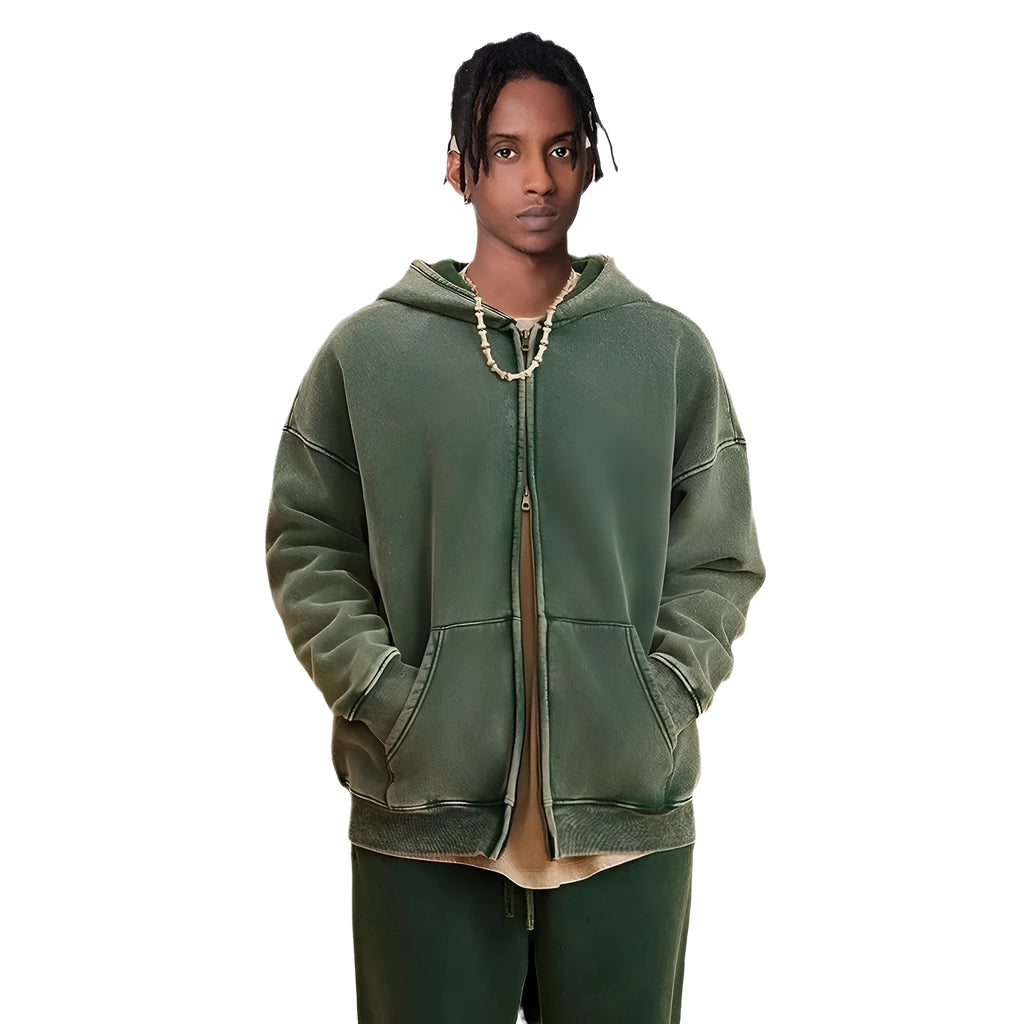 Men's washed cotton hooded cardigan sweater with fleece lining and double zipper front in dark green colour