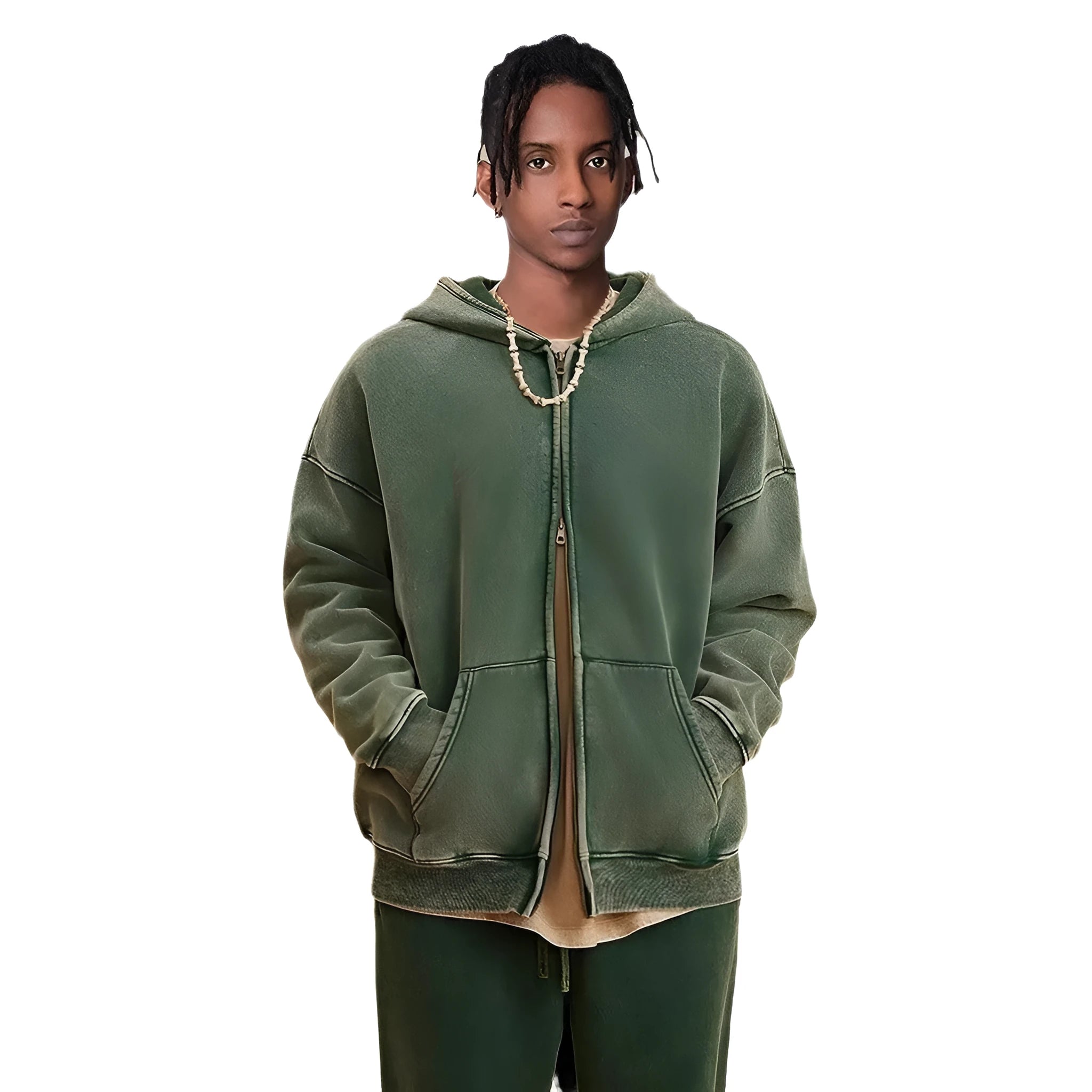 Men's washed cotton hooded cardigan sweater with fleece lining and double zipper front in dark green colour