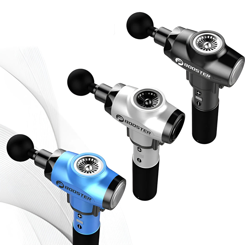 Black and white muscle massage gun with lithium battery showing 12mm stroke depth