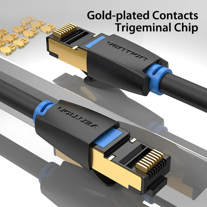 CAT8 shielded Ethernet cable with RJ45 connectors, shown in flat and round styles, for 10G gaming and network use.