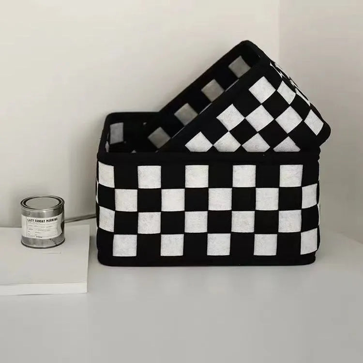 Checkerboard pattern grey and black felt storage basket with dimensions 37x29x19.5cm