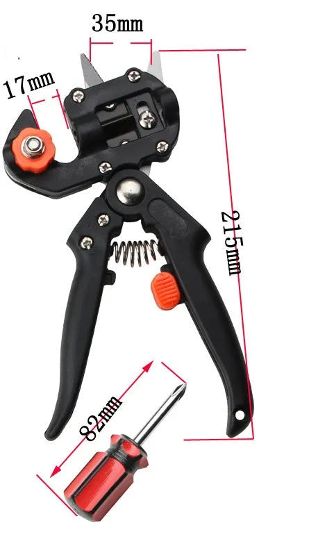 Handheld grafting scissors with black ABS handle and high carbon steel blade cutting a branch