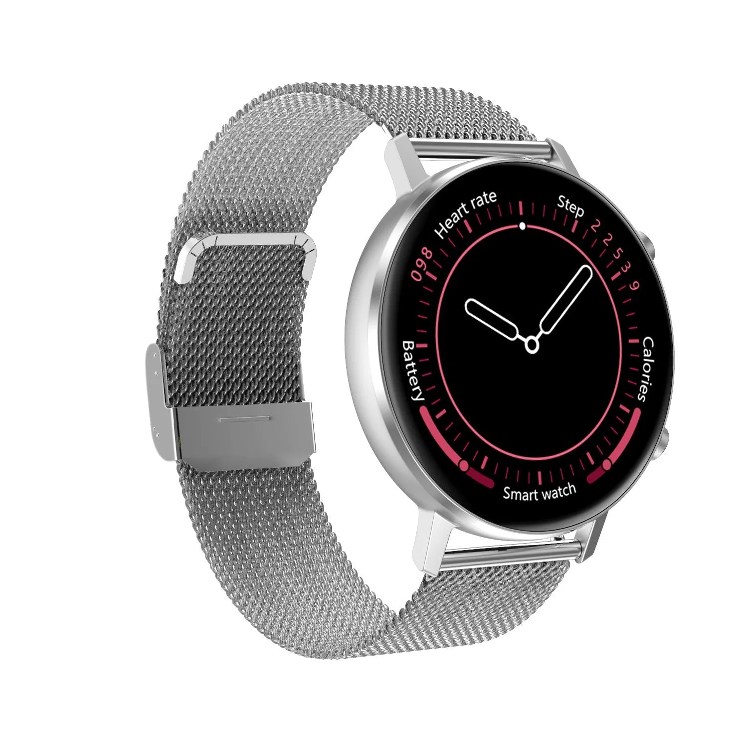 DT96 smart fitness bracelet with steel strap and 1.3-inch colour screen showing heart rate data.
