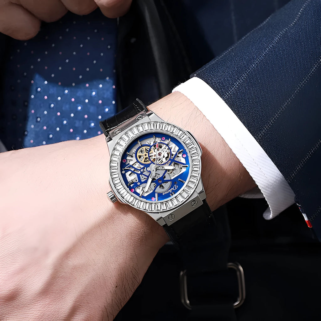 Men's automatic mechanical watch with diamond-studded hollow movement and white shell case