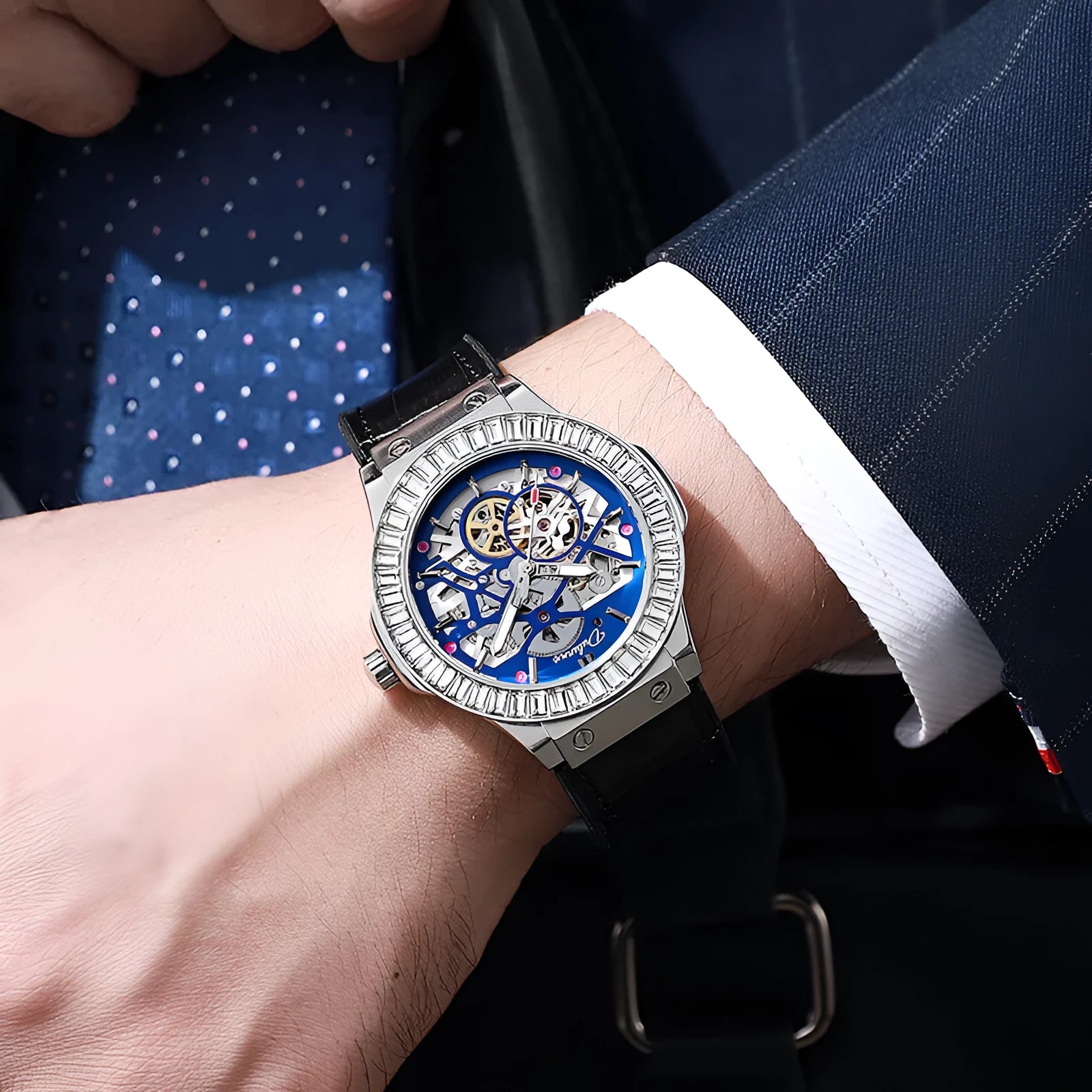 Men's automatic mechanical watch with diamond-studded hollow movement and white shell case