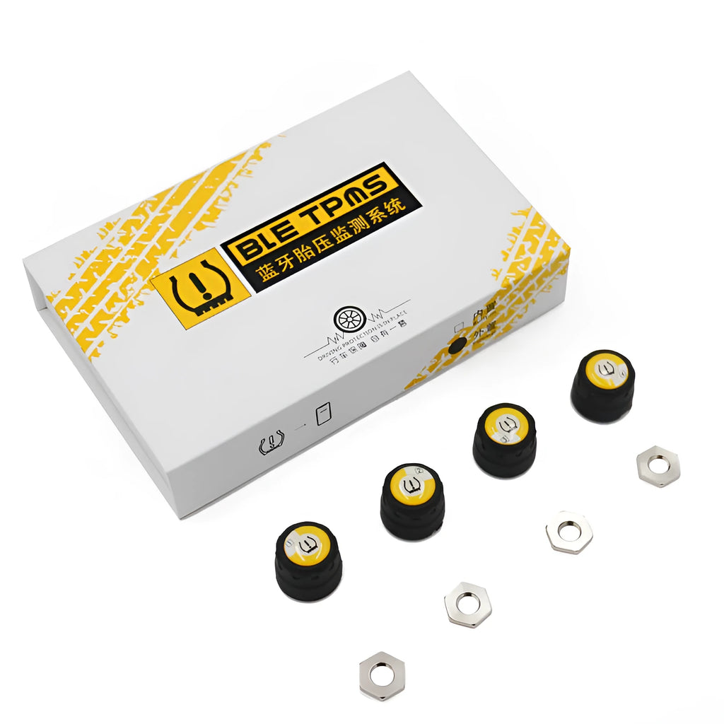 Black wireless Bluetooth car tyre pressure sensor with IP67 waterproof housing on tyre valve