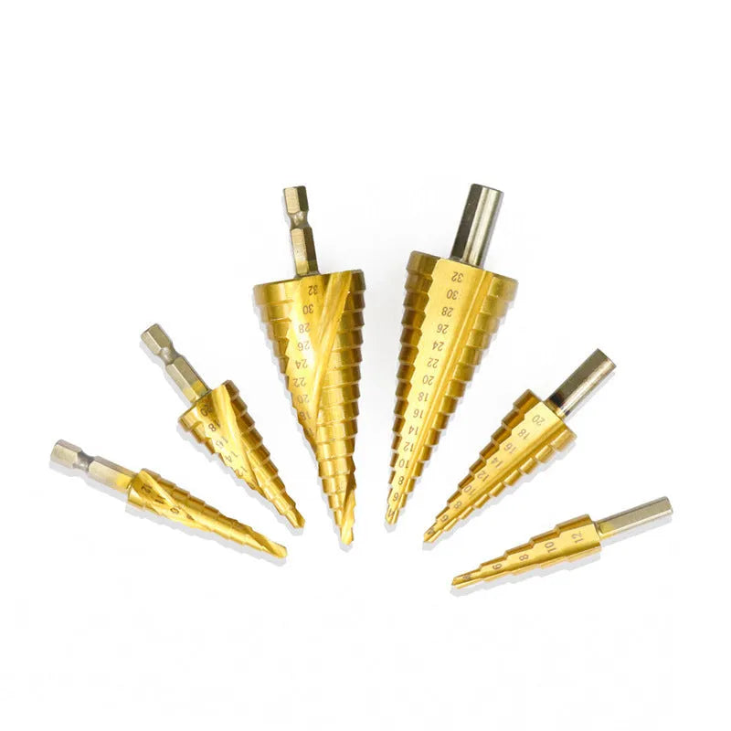 High-speed steel step drill bits and centre punch set for metalworking with diameter ranges from 3mm to 32mm