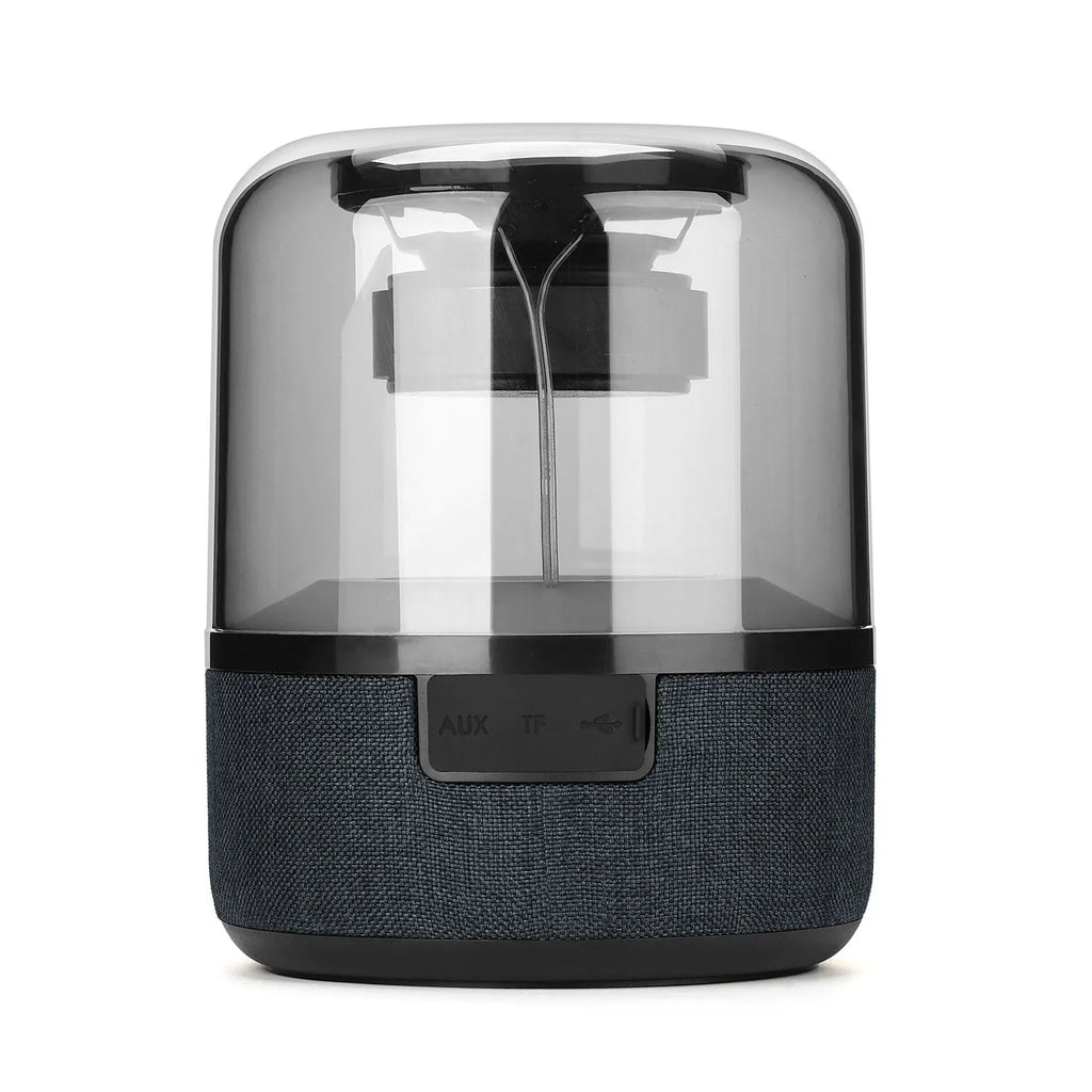 Black wireless Bluetooth speaker with colour-changing halo lights and control buttons