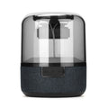 Black wireless Bluetooth speaker with colour-changing halo lights and control buttons