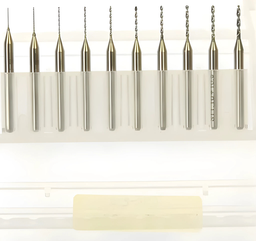 Set of imported tungsten steel micro engraving bits ranging from 0.10mm to 2.00mm in diameter.
