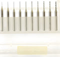 Set of imported tungsten steel micro engraving bits ranging from 0.10mm to 2.00mm in diameter.