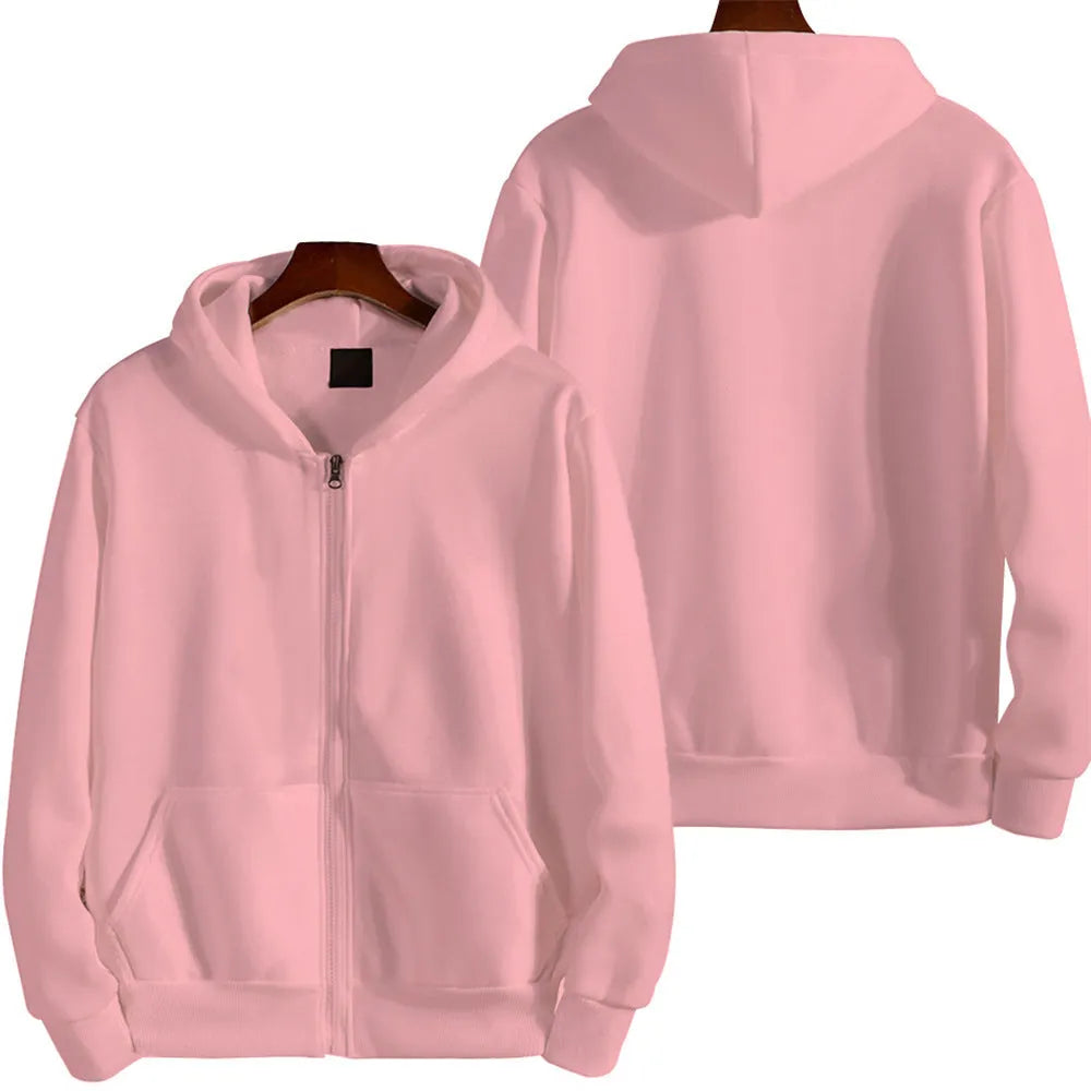 Men's solid colour loose-fit zipper jacket in polyester fabric on a hanger.
