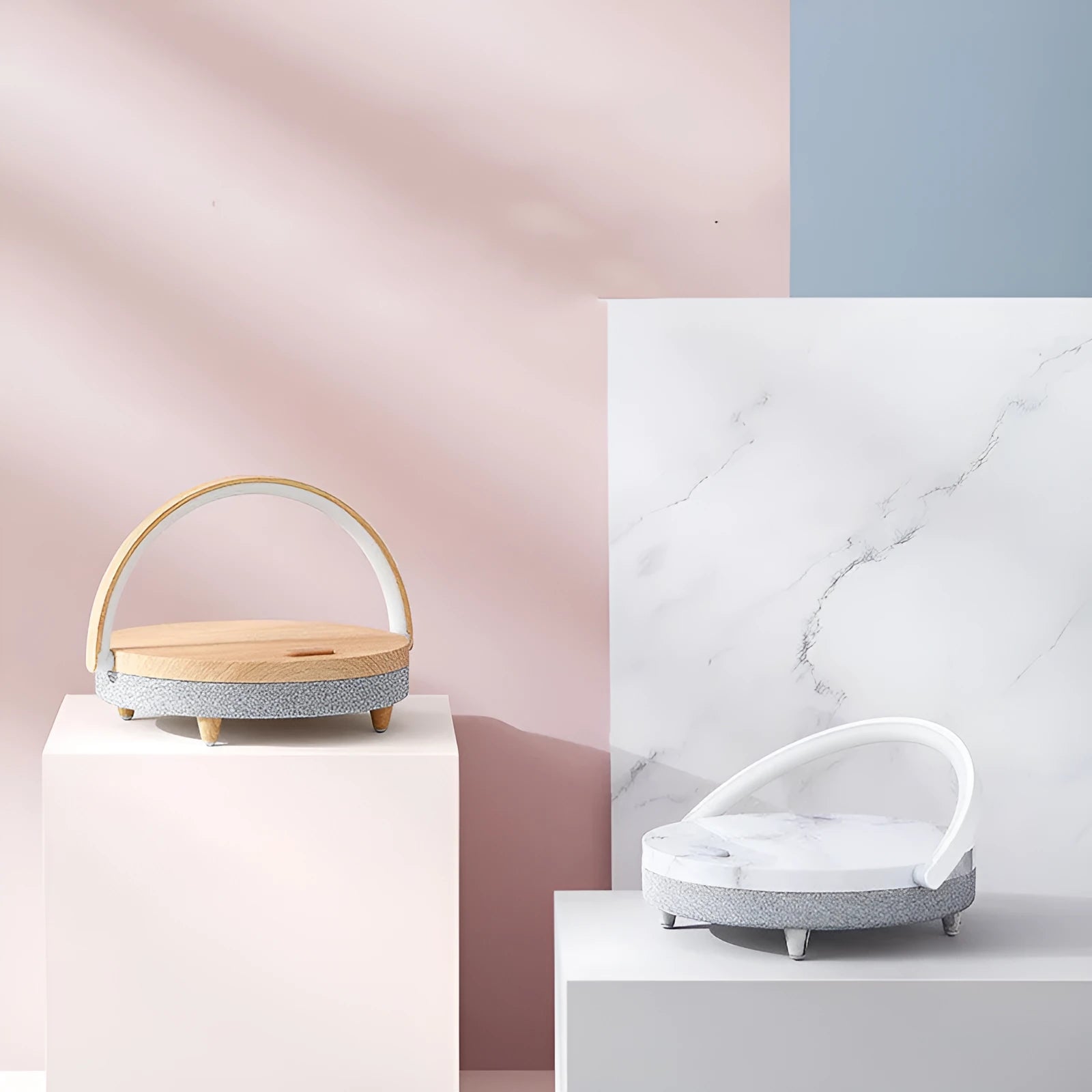 Marble pattern wireless charging night light with Bluetooth speaker and integrated phone holder.