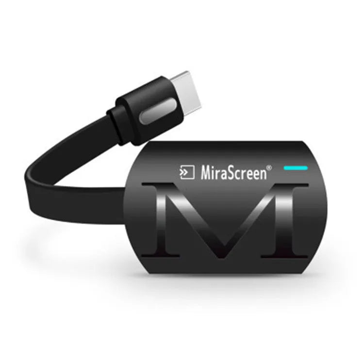 Black USB HDMI dongle for smartphone screen mirroring to television.
