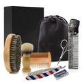 Complete shaving kit beard care set with oval brush, wood comb, metal comb, straight razor, scissors, travel bag and gift box