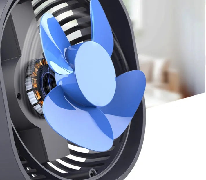 USB charging fan with alarm clock design showing 360-degree rotation feature in blue colour