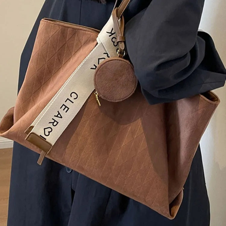 Large women's soft polyester tote bag with shoulder strap in horizontal square shape