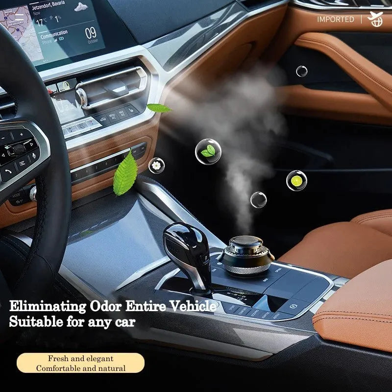 Solar powered double ring rotating car air freshener in Black Ocean colour placed on car dashboard
